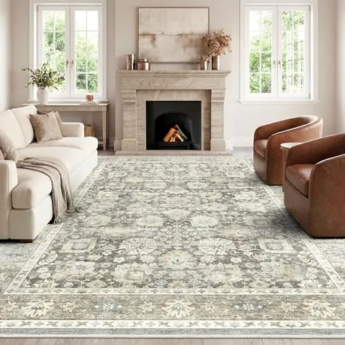 HOMFINE Alfombra Vintage Salon Gris 240x340 cm - Lavable en Lavadora Antideslizante Pelo Corto Suave Grande para Salón Dormitorio Comedor Pasillo
