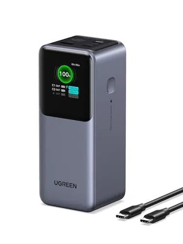 UGREEN Nexode Pro 130W Power Bank 20000mAh Batería Externa USB C Carga Rápida PD3.0 100W 3 Puertos Cargador Portátil PC Pantalla TFT Compatible con iPhone 17 16 15 14 Galaxy S25 S24 S23 MacBook iPad