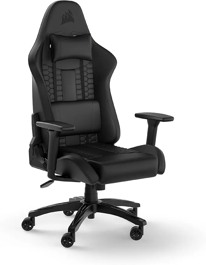 Corsair TC100 Relaxed Silla para Juegos - Leatherette - Diseño Inspirado en Las Carreras - Cojín Lumbar - Almohada Cervical Extraíble de Espuma Viscoelástica - Reposabrazos Ajustables - Negro