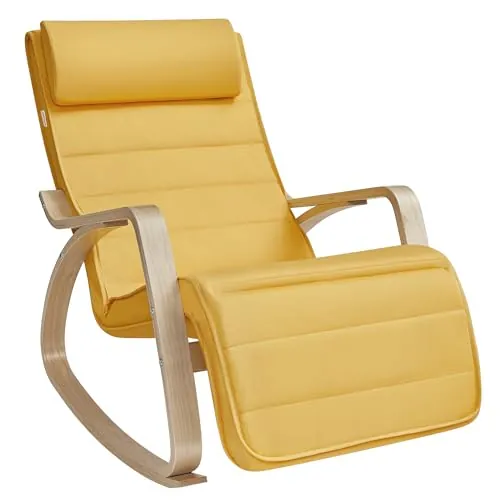 SONGMICS Silla Mecedora, con Apoyabrazos de Madera de Abedul, Silla Mecedora con Reposapiés Ajustable en 5 Posiciones, Máx. Carga de 150 kg, Dormitorio, Salón, Amarillo Ganso y Natural LYY010Y01