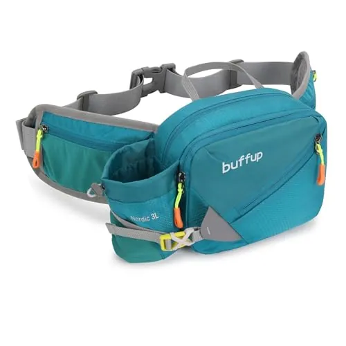 buffup® Riñonera Deportiva con Portabotellas – Ideal para Senderismo, Correr, Ciclismo, Escalada y Camping (Azul-)