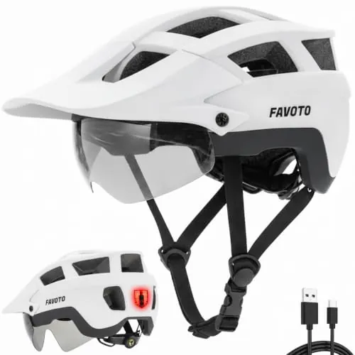 Favoto Casco Bicicleta con Luz, Visera, Hombre & Mujer, Blanco-Gris | Casco BTT con Gafas Magnéticas, Luz USB, Protección CE EN 1078 para MTB, Carretera & E-Bike, L (59-61cm)