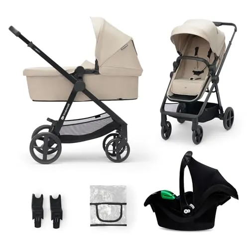 Kinderkraft NEWLY Carrito 3 en 1, I-Size, Para niños, Sistema de viaje, Carrito Para Bebes, Silla De Paseo, Ligera, Carro Bebe, Cochecito 3 Piezas, Plegable, desde el nacimiento hasta 22 kg, Beige