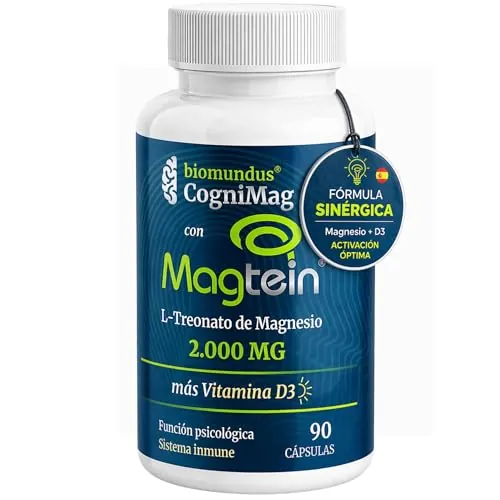 L-treonato de Magnesio Magtein® 2000 mg biomundus + Vitamina D3 2.000 UI dosis. Magnesio treonato Función cerebral óptima, mejor descanso, sueño, memoria, sistema inmune, músculos y huesos 90 cápsulas