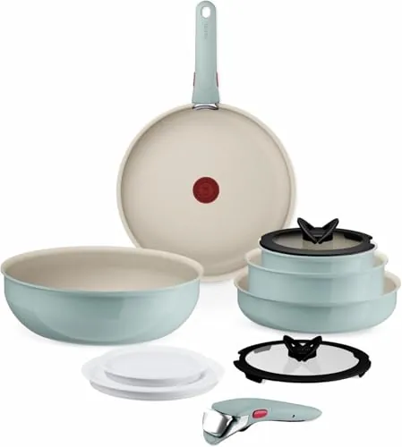 Tefal Ingenio Serenity - Juego de 2 Sartenes 22/28 cm + Wok 26 cm + 2 Cazos 16/20 cm + 4 Accesorios + 2 Mangos, Revestimiento Antiadherente, Apilable, Inducción, Apto lavavajillas y horno, Eucalipto
