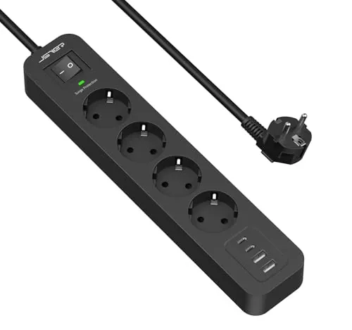 JSVER Regleta USB Proteccion Sobretension con 4 Toma de Corriente y 4 USB Puertos(5V3,4A) Estación de Carga Inteligente Tomas Alargadora con Cable 2m-Negro