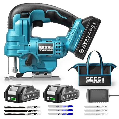 Seesii Sierra de Calar sin Cable 21V, Sierra de Calar Eléctrica con 2× 2.0Ah Baterías, 2800RPM Velocidad Variable para Cortar Madera, Cortes Biselados 0°-45°, Luz LED, 4 Ajustes Orbitales