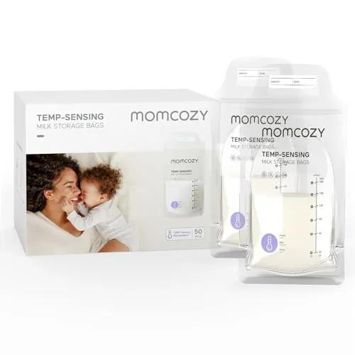 Momcozy 50 Bolsas de Almacenamiento, Bolsas de Almacenamiento de Leche Materna con Detección de Temperatura, Bolsas de Almacenamiento de Leche Desechables con 180mL Autónomas