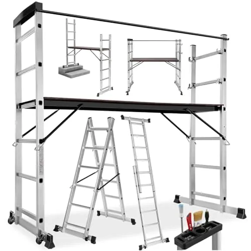 tectake® Escalera Plegable Aluminio, Escalera Telescópica Multiusos 4 en 1: Escalera Extensible, Escalera de Tijera, Andamio Simple, Andamio para Desniveles, con Ruedas, Estable, Carga MAX. 150 kg