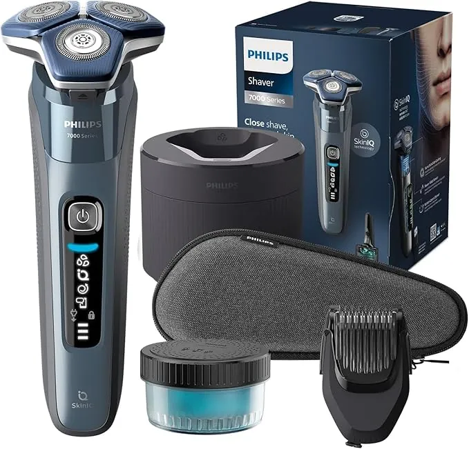 Philips Serie 7000 Afeitadora Eléctrica Hombre, Máquina de Afeitar Barba con Barbero, 45 cuchillas, Para piel sensible, 60min de uso, En Seco y Húmedo, Recargable, Centro de Limpieza, S7882/54, Azul