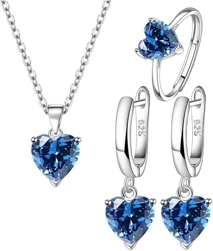 TTPSRY Pendientes de plata Conjunto Aretes Anillos Collar Corazón Pendiente con Cubic Zirconia Brillantes Regalo para la Fiesta de Bodas (Azul)