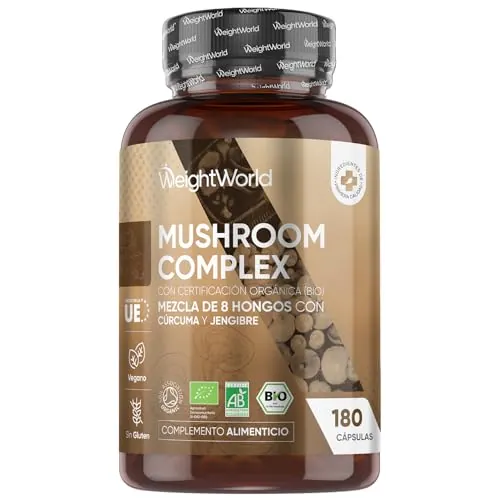 Hongos Complex Bio, 180 Cápsulas de 8 Setas y Hongos como Melena de León, Reishi, Shiitake, Maitake, Chaga y Cordyceps - Mushroom Complex Bio Enriquecido con Jengibre y Cúrcuma para 3 Meses