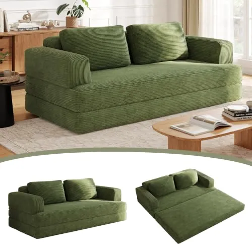 Wumagin Sofá Cama 2 Plazas 160 cm Wide, Cord Sofá de Suelo Modular con Función de Dormir, Sofá de Nubes de Pana con Cojín para Sala de Estar y Dormitorio (Verde)