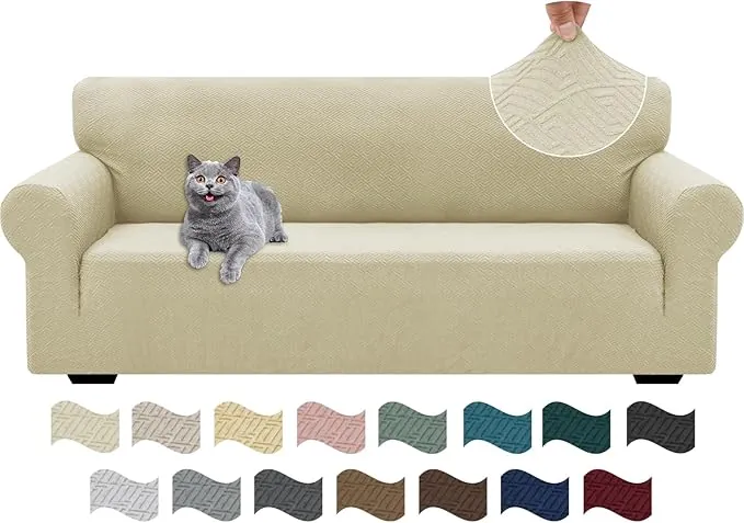 Ystyle Funda Sofa 3 Plazas Ajustable, Fundas para Sofa Elasticas, Funda De Sofa Anti Gatos Perros, Sofa Cover con Reposabrazos, Jacquard Fundas Cubre Sofa Ntideslizante Lavable, Beige Claro