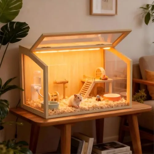 BingoPaw Jaula para Hámster Madera con Luces LED Integradas 60x40x40cm | Jaula Hamster con Paredes de Vidrio Templado Resistente a Mordeduras para Hámsters Enanos Jerbos y Animales Pequeños