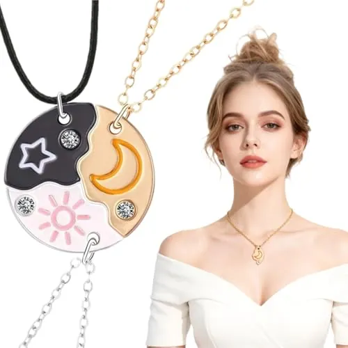 YAZWUR 3 PCS Collar de Amistad para Niñas y Mujeres con Imán Puzzle Sol Luna Estrella Mejores Amigas Regalo (Tres Colores)