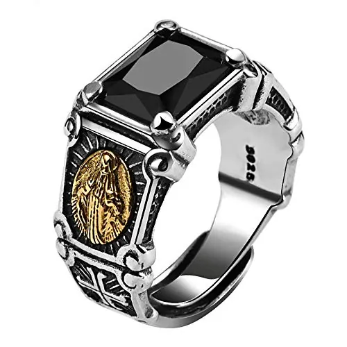 CYSJ Anillo, Vintage Genuino 925 Plata Esterlina Anillo de Piedra Negra Hombre Mujer Virgen María Anillos Zirconia Cúbico Onyx Joyería, Tamaño Abierto