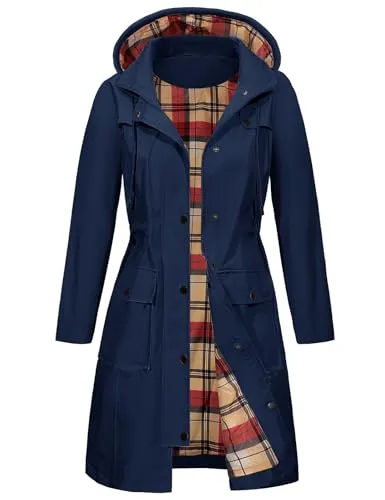 heekpek Chaqueta Chubasquero Mujer Parka Impermeable Largo Abrigo Ligero Gabardina Mujer Impermeable con Capucha y Bolsillo, Azul marino, L