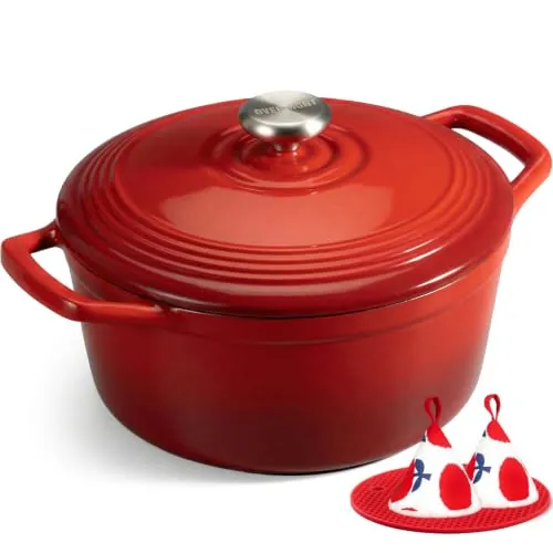 Overmont Olla de Hierro Fundido - Antiadherente Cacerola Holandesa de Esmaltado con Tapa - Ø26 CM Redonda Cacerola Holandesa para Cocinas de Inducción - Rojo