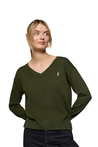 Polo Club Jersey de Punto con Cuello Pico y Logo Bordado para Mujer en Color Verde Oscuro
