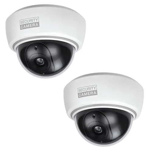 BASI | Juego de 2 cámaras falsas con luz LED intermitente | cámara falsa | cámara de vigilancia para interior y exterior protegido | montaje en pared y techo | blanco | CCTV
