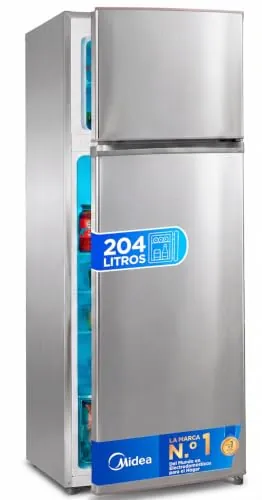Midea Frigorífico 2 puertas 140 cm alto x 55 cm ancho, Inox, Capacidad 204 L, Nevera Pequeña con Congelador Low Frost de Bajo Consumo, Puerta Reversible, Luz LED, Silencioso 40dB, Cajón de Frutas