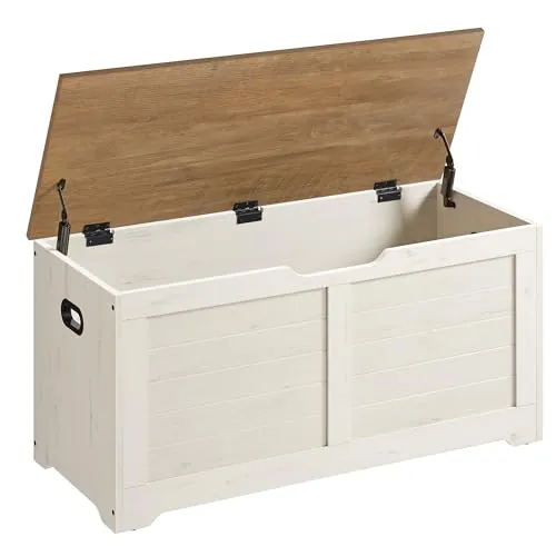 VASAGLE Puff Almacenaje, Banco Almacenaje con 2 Bisagras de Seguridad, Banco Zapatero, Estilo de Campo, 40 x 100 x 46 cm, para Pasillo Dormitorio Salón, Blanco Rústico y Marrón Miel LSB061WJ01