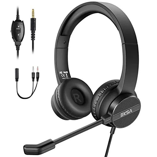 EKSA H12 PC Auriculares con Cable 3.5mm, Cascos con Microfono y Supresión de Ruido, Control de Silencio y Volumen, Sonido Estéreo, Portátil,Wired Headset Pare PC/Mac, Oficina, Call Center, Skype