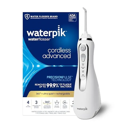 Waterpik Irrigador Dental Eléctrico con 3 Posiciones de Control del Agua a Presión con Cargador USB, Eliminación de Placa Dental óptimo para Viajar y para Baños Pequeños, Blanco (WP-580EU)