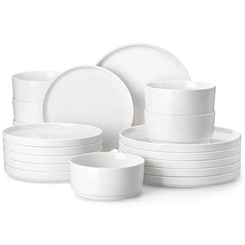 MALACASA Juego de Vajilla de Porcelana para 6 Personas, 18 Piezas con Platos Llanos ∅ 26 cm, Platos de Postre ∅ 21 cm y Cuencos para Cereales de 760 ml, Color Blanco, Serie LEAH
