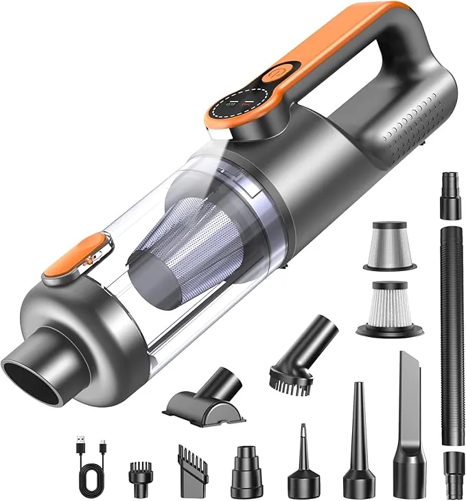 Aspirador de Mano, 26000Pa 4-in-1 Aspirador Sin Cable Potente, Descarga de Polvo con un Solo Toque, Motor Sin Escobillas,Pantalla HD e Iluminación LED,Aspirador Coche para Hogar/Oficina/Coche, Naranja
