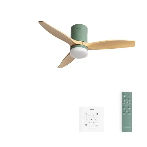 CREATE / WINDCALM S/Ventilador de techo ABS con luz verde sage efecto aspas madera clara con controlador y mando / 40W, Temporizador, Ø112 cm, 3 temperaturas de luz, función verano-invierno