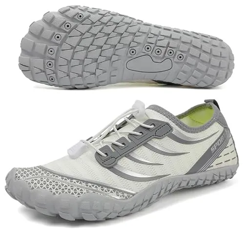 Unisex Zapatos Descalzos Hombre Mujer Zapatos de Agua Hombres Mujeres Barefoot Zapatillas Outdoor Secado Rápido Surf Calzado para Yoga Playa Transpirable Ligero y Antideslizante(Gris-Blanco 38EU)