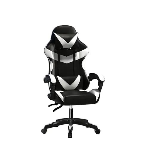 Baroni Home Silla Gaming con respaldo ergonómico inclinable y altura ajustable, silla de oficina con soporte lumbar, reposacabezas acolchado, 50 x 62 x 110-120 cm, negra y blanca
