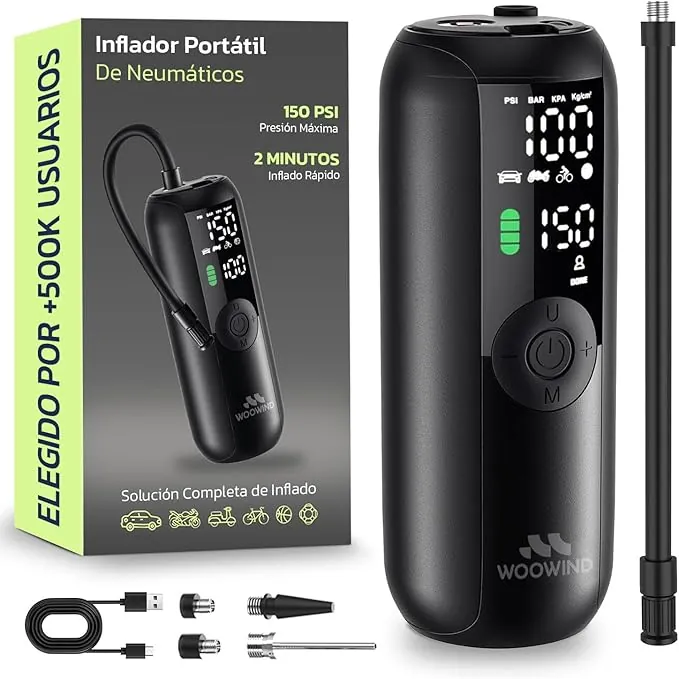 Woowind Compresor Aire Portatil 150PSI/10,3Bar, Bomba Bicicleta, Inflador Ruedas Coche, Inflado en 1 Minuto, Hinchador Ruedas Coche, Bici, Moto y Balones, Apagado Automático, Pantalla LCD Linterna LED