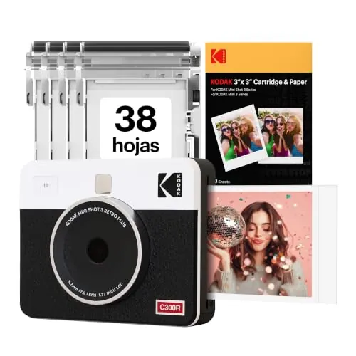 KODAK Mini Shot 3 Retro Cámara Digital Instantánea & Impresora Fotográfica 2-en-1 7,6 x 7,6 cm, 38 Hojas, Cámara Portátil con Impresión, Impresora Bluetooth iOS & Android, Sublimación 4PASS, Blanca