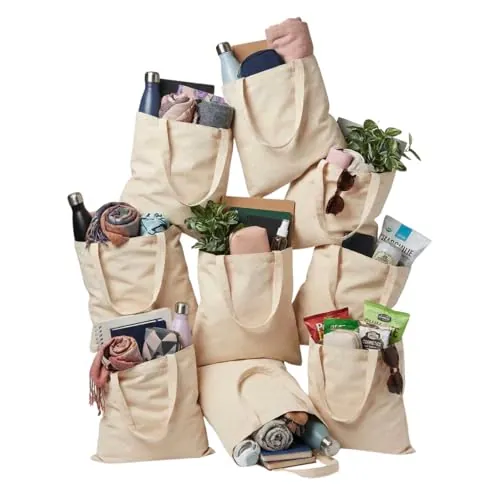 ORATIC Pack Tote Bag 100% Algodón Natural Reutilizables de 42x38cm y 140 g/m² – Bolsas de Tela Resistentes para Uso Diario con Asas Largas de 70cm y Tamaño Práctico (Pack 10)