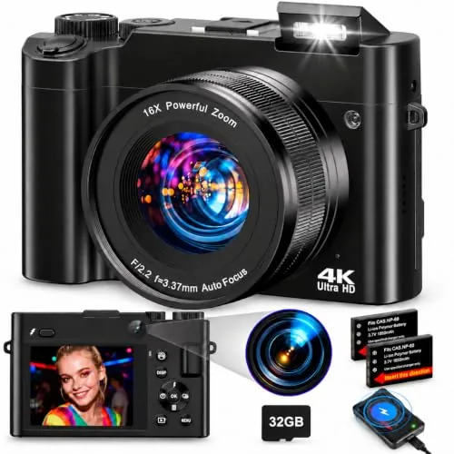Cámara Digital 4K 64 MP, Cámara Compacta con Autofoco y Zoom 16x Negro | doble cámara, zoom digital 16x, tarjeta de memoria 32 GB, 2 baterías y cargador, para principiantes y adolescentes