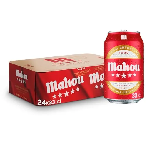 Mahou 5 Estrellas, Cerveza Lager Dorada, Pack 24 Latas x 33cl