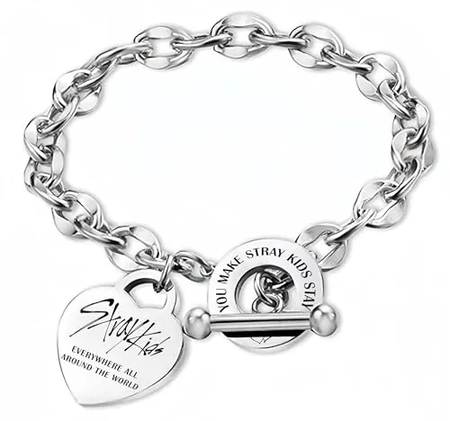 Stray Pulsera de acero inoxidable Stray, pulsera unisex de plata, con colgante de corazón, con 1 pegatina 3D SKZ y 2 tarjetas SKZ Photocard