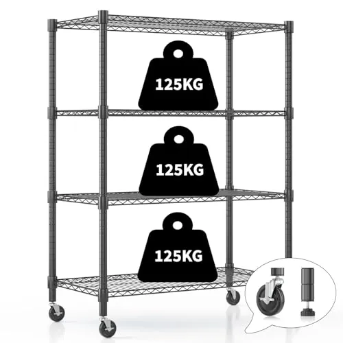 Himimi Estantería de Alambre de 4 Niveles con Ruedas y Pies Niveladores, Altura Ajustable, Estante de Almacenamiento Metálico para Cocina, Baño, Sala de Estar, Capacidad de 500 kg, 90*45*183 cm, Negro