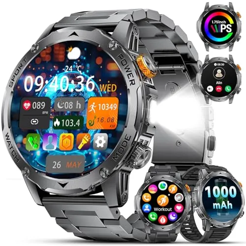 2025 Reloj Inteligente Hombre Militar 1000 mAh Batería/1,75'' HD Gran Display,Smartwatch Hombre con Linterna/Llamadas Bluetooth/130+ Modos Deporte/Frecuencia Cardíaca/Monitor de Sueño,para Android iOS