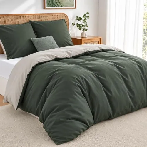 Duvetnova Funda Nórdica Cama 90 Verde Oliva/Beige,Súper Suave Diseño Doble Cara A/B con Cremallera, Certificación Oeko-Tex 1 Funda de Edredón 135x200 + 2 Fundas de Almohada 80x80 cm
