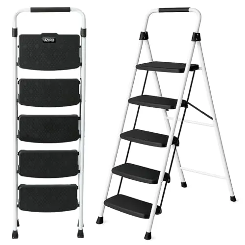 UZIRO Escalera Plegable 5 Peldaños de Acero y Aluminio, Escalera Pequeña Plegable Blanca con Peldaños Antideslizantes y Asa de Goma, para Hogar, Cocina, Oficina y Bricolaje