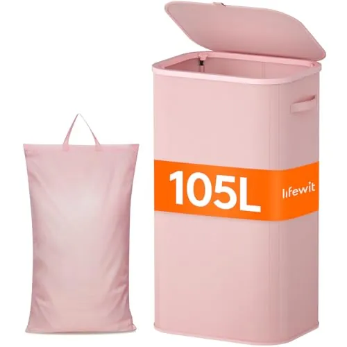 Lifewit Cesto Ropa Sucia, Cesta Ropa Plegable con Bolsa Extraíble y Asa, Cubo Ropa Sucia con Tapa, Laundry Basket para Dormitorio, Baño, Lavandería, Dormitorio, 105 L, Rosa