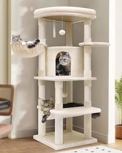 Globlazer Árbol Rascador para Gatos con 90° Sectores Grandes Plataformas Acolchada Nidos Cesta Suave Hamaca, Árbol Rascador Alto 130 cm Estable Adapta Esquina para 3-4 Gatos Grande (C51, Beige)