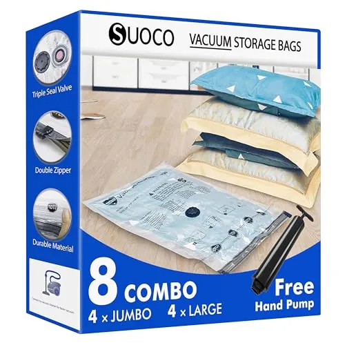 SUOCO bolsas de vacío ropa con bomba, 4 XL/4 Grandes, bolsas de almacenaje al vacío para ropa de cama, viaje y mudanza