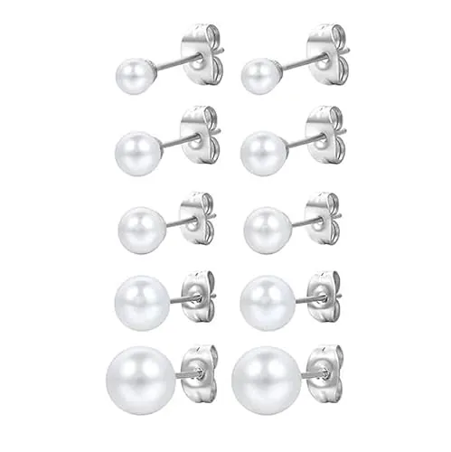 PlandleLee 5 Pares Pendientes de Botón para Mujer en Plata de Ley 925 con Perlas de Agua Dulce, Pendientes de Perlas Blanca, Clásicos Pendientes Plata Perlas Naturales Hipoalergénicas (4-8mm)