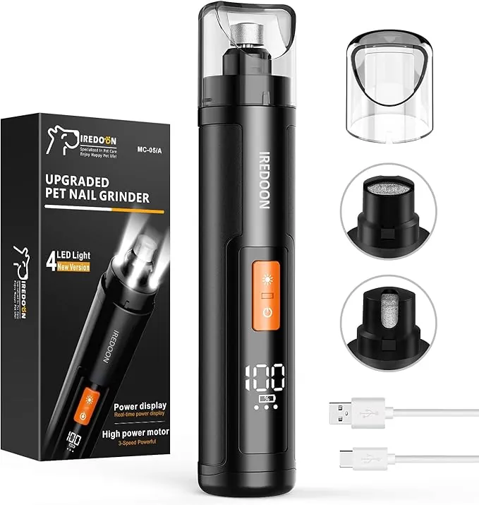 IREDOON Lima Uñas Perro Actualizado - Lima De Uñas Eléctrica De 3 Velocidades Perros con 4 Luces LED, Ultra Silencioso, Recargable Cortauñas De Mascotas para Perros Grandes, Medianos y Pequeños