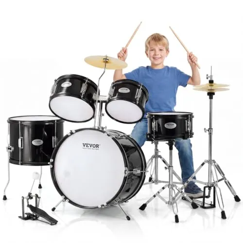 VEVOR Juego de Batería para Niños de Cinco Piezas, Juego Completo de Batería para Niños Principiantes con Bajo, Toms, Caja, Bombo, Trono Ajustable, Pedal de Charles y Dos Pares de Baquetas, Negro